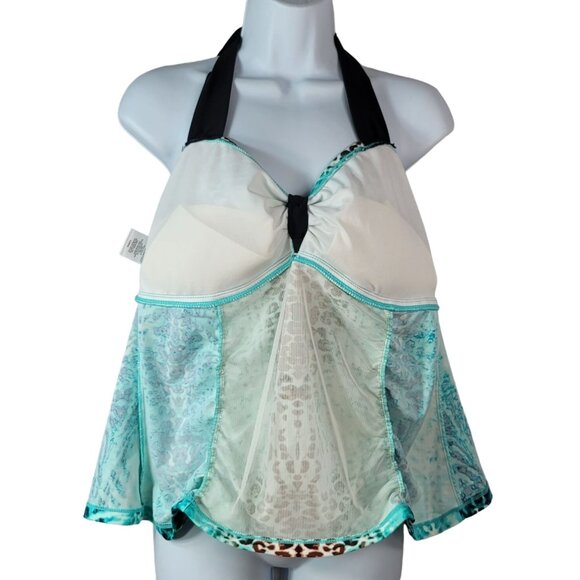 Catalina Halter Tankini Green Brown 2X Animal Print Ruched TieDye No Wire Plunge - Picture 5 of 8